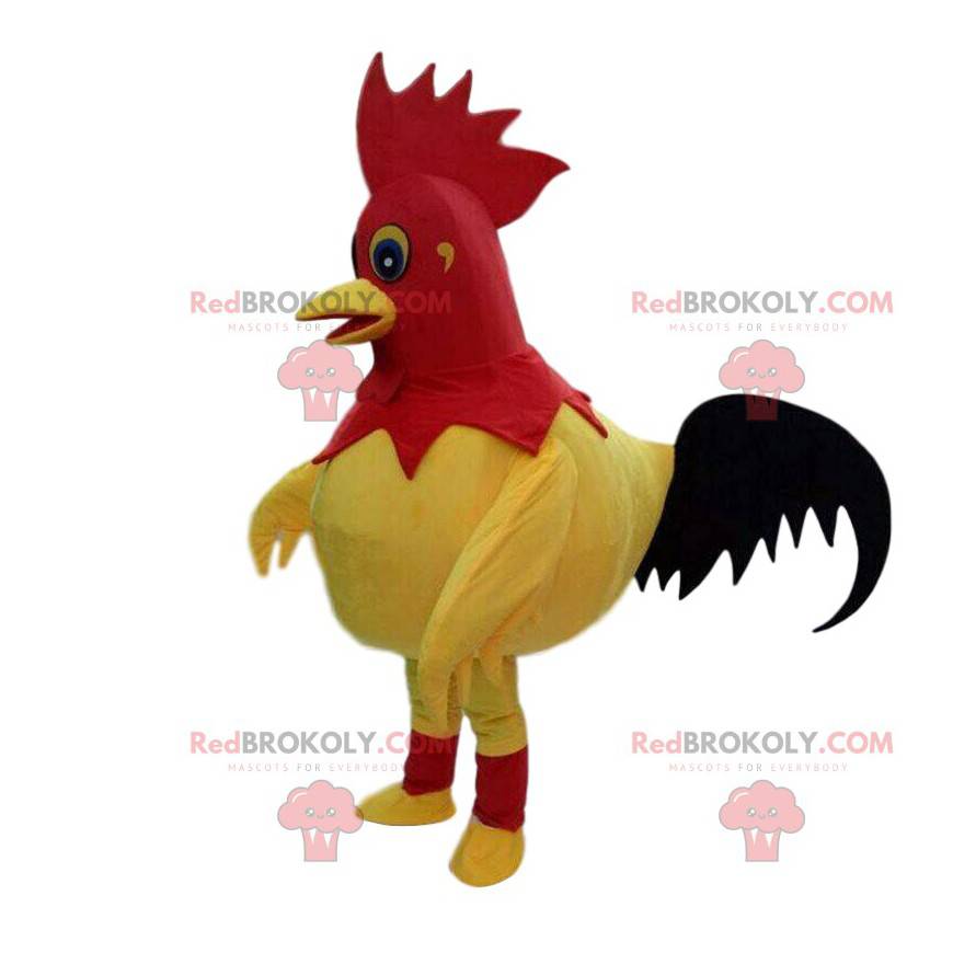Mascotte de coq jaune, rouge et noir, costume de poulet -