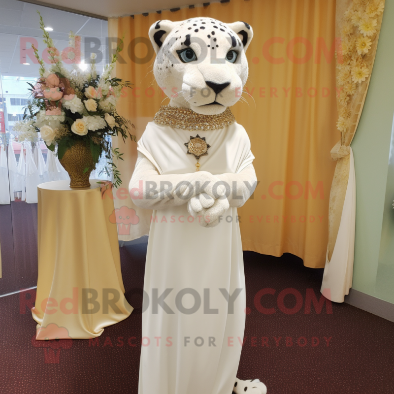 Cream Panther mascot costume character dressed with a Wedding Dress and Shawl pins