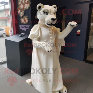 Cream Panther mascot costume character dressed with a Wedding Dress and Shawl pins