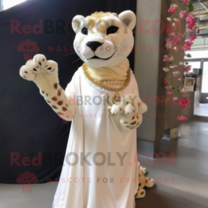 Cream Panther mascot costume character dressed with a Wedding Dress and Shawl pins