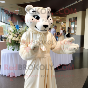 Cream Panther mascot costume character dressed with a Wedding Dress and Shawl pins