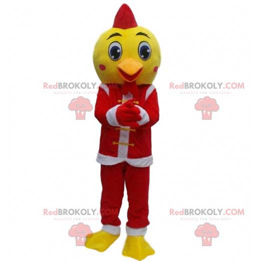 Mascota pájaro amarillo vestida como Santa Claus, traje de