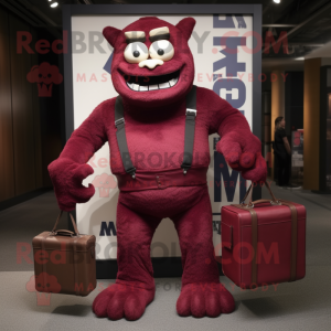 Maroon Frankenstein'S Monster mascot costume character dressed with a Polo Shirt and Briefcases