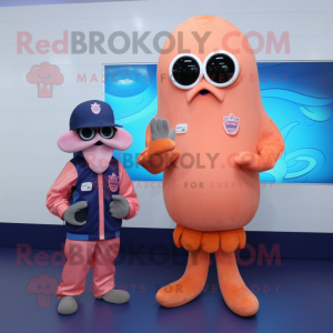 Peach Squid mascot costume character dressed with a Bomber Jacket and Smartwatches