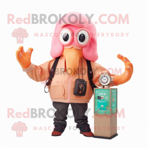 Peach Squid mascot costume character dressed with a Bomber Jacket and Smartwatches