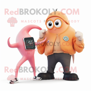 Peach Squid mascot costume character dressed with a Bomber Jacket and Smartwatches