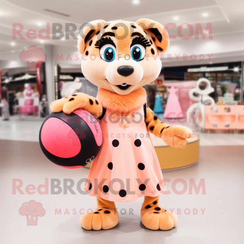 Peach Cheetah mascot costume character dressed with a Ball Gown and Wallets