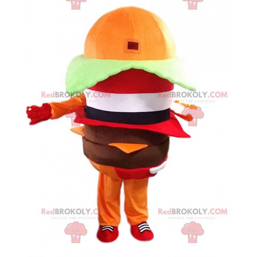 Pomarańczowy hamburger maskotka, kostium hamburgera -