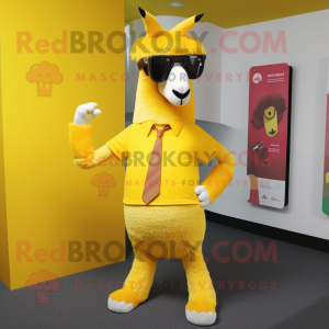 Yellow Llama mascot costume character dressed with a Dress Pants and Sunglasses