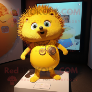 Yellow Hedgehog mascot costume character dressed with a Graphic Tee and Necklaces