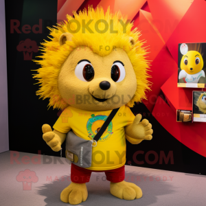 Yellow Hedgehog mascot costume character dressed with a Graphic Tee and Necklaces
