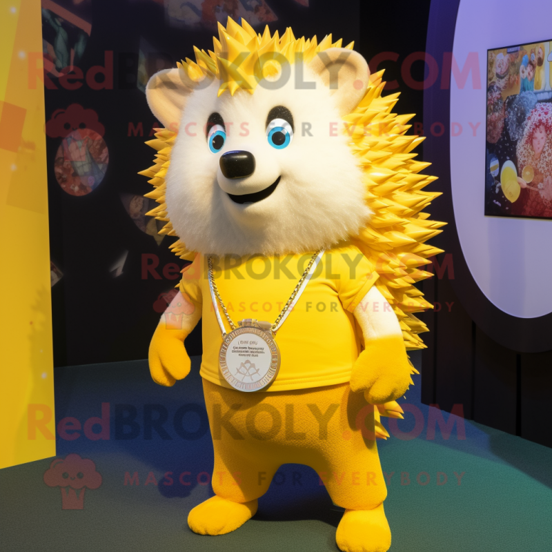 Yellow Hedgehog mascot costume character dressed with a Graphic Tee and Necklaces