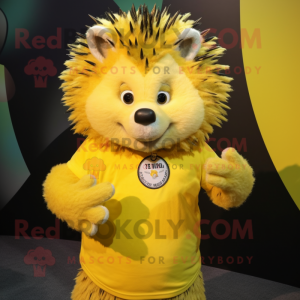 Yellow Hedgehog mascot costume character dressed with a Graphic Tee and Necklaces