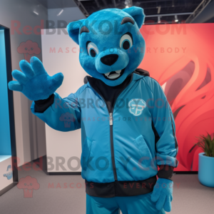 Cyan Panther mascot costume character dressed with a Windbreaker and Ties