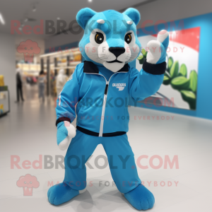 Cyan Panther mascot costume character dressed with a Windbreaker and Ties