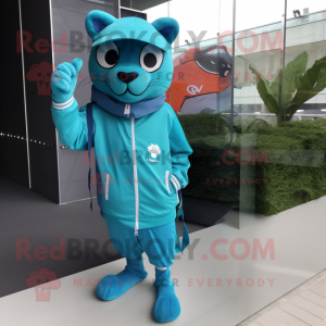 Cyan Panther mascot costume character dressed with a Windbreaker and Ties