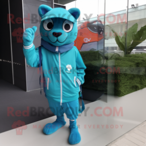 Cyan Panther mascot costume character dressed with a Windbreaker and Ties