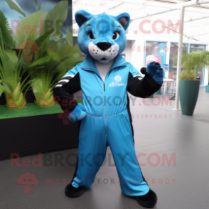 Cyan Panther mascot costume character dressed with a Windbreaker and Ties