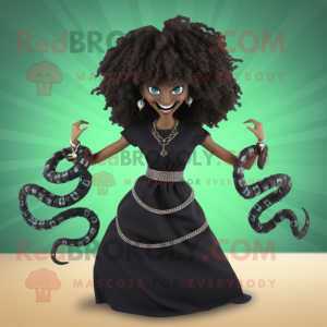 Black Medusa mascot costume character dressed with a Mini Skirt and Necklaces