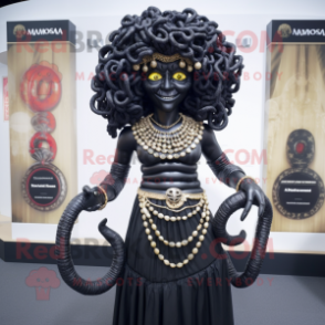 Black Medusa mascot costume character dressed with a Mini Skirt and Necklaces