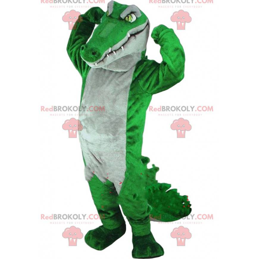 Green and gray crocodile mascot, giant alligator costume -