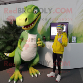 Olive Spinosaurus mascot costume character dressed with a Sweatshirt and Smartwatches