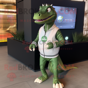 Olive Spinosaurus mascot costume character dressed with a Sweatshirt and Smartwatches