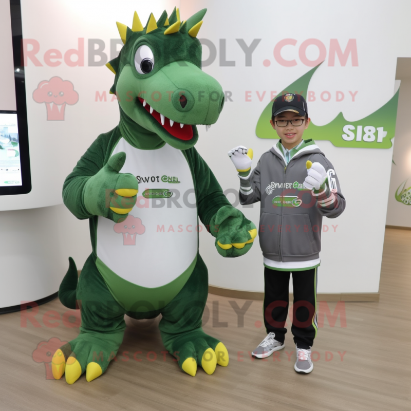 Olive Spinosaurus mascot costume character dressed with a Sweatshirt and Smartwatches