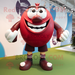 Maroon Rugby Ball mascot costume character dressed with a Shorts and Rings