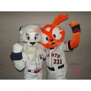 2 mascottes: een witte leeuw en een oranje konijn -