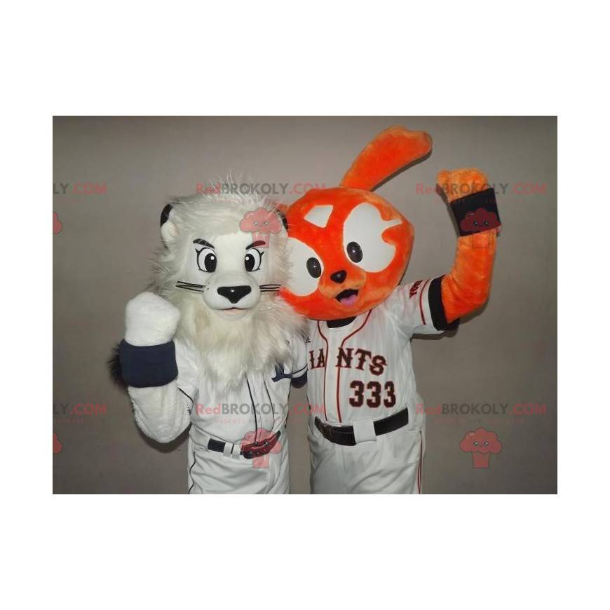 2 maskotar: ett vitt lejon och en orange kanin - Redbrokoly.com
