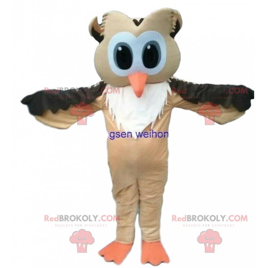 Hnědá a bílá sova maskot s velkýma očima - Redbrokoly.com