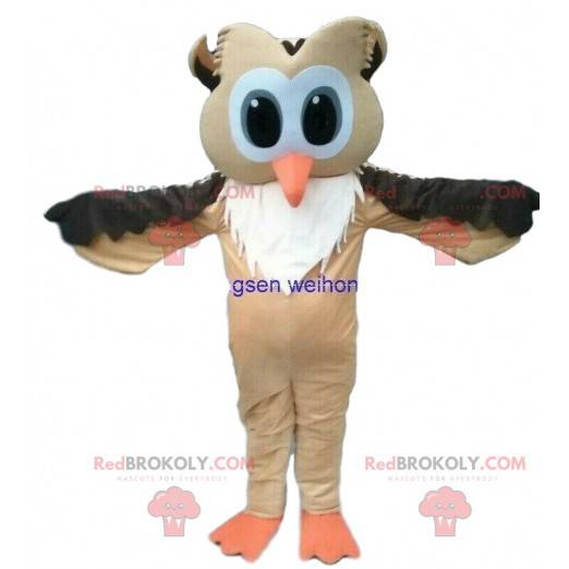 Mascotte de hibou marron et blanc avec de grands yeux -