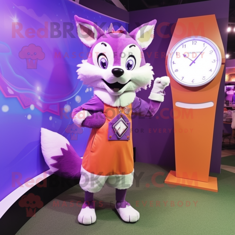 Purple Fox mascot costume character dressed with a A-Line Dress and Digital watches