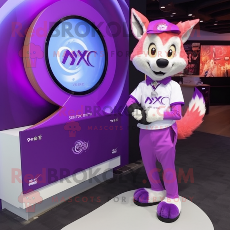 Purple Fox mascot costume character dressed with a A-Line Dress and Digital watches