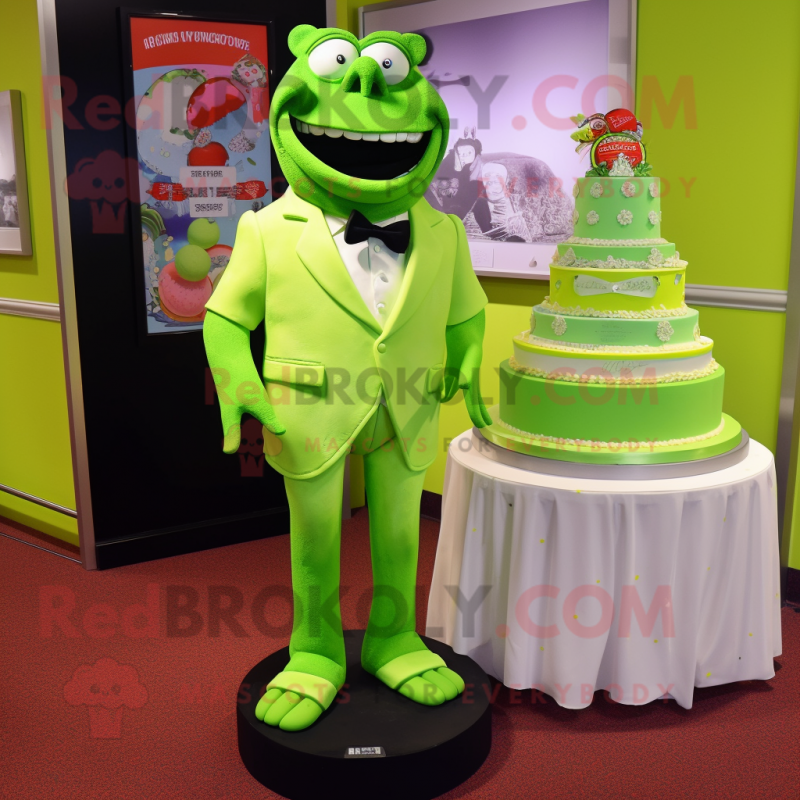 Lime Green Wedding Cake mascot costume character dressed with a Skirt and Tie pins Lime Green Wedding Cake mascot costume character dressed with a Skirt and Tie pins
