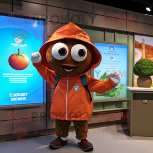 Brown Tomato mascot costume character dressed with a Windbreaker and Watches