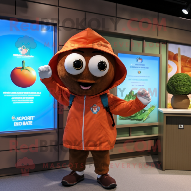 Brown Tomato mascot costume character dressed with a Windbreaker and Watches