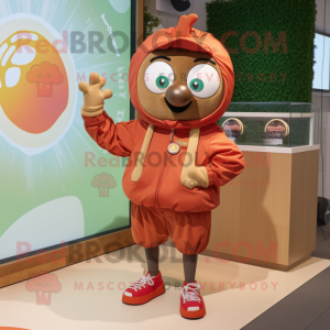 Brown Tomato mascot costume character dressed with a Windbreaker and Watches