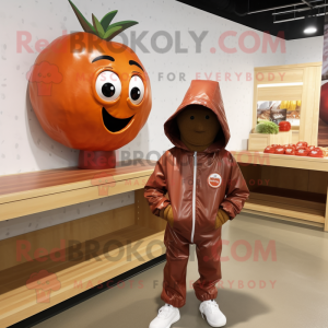 Brown Tomato mascot costume character dressed with a Windbreaker and Watches