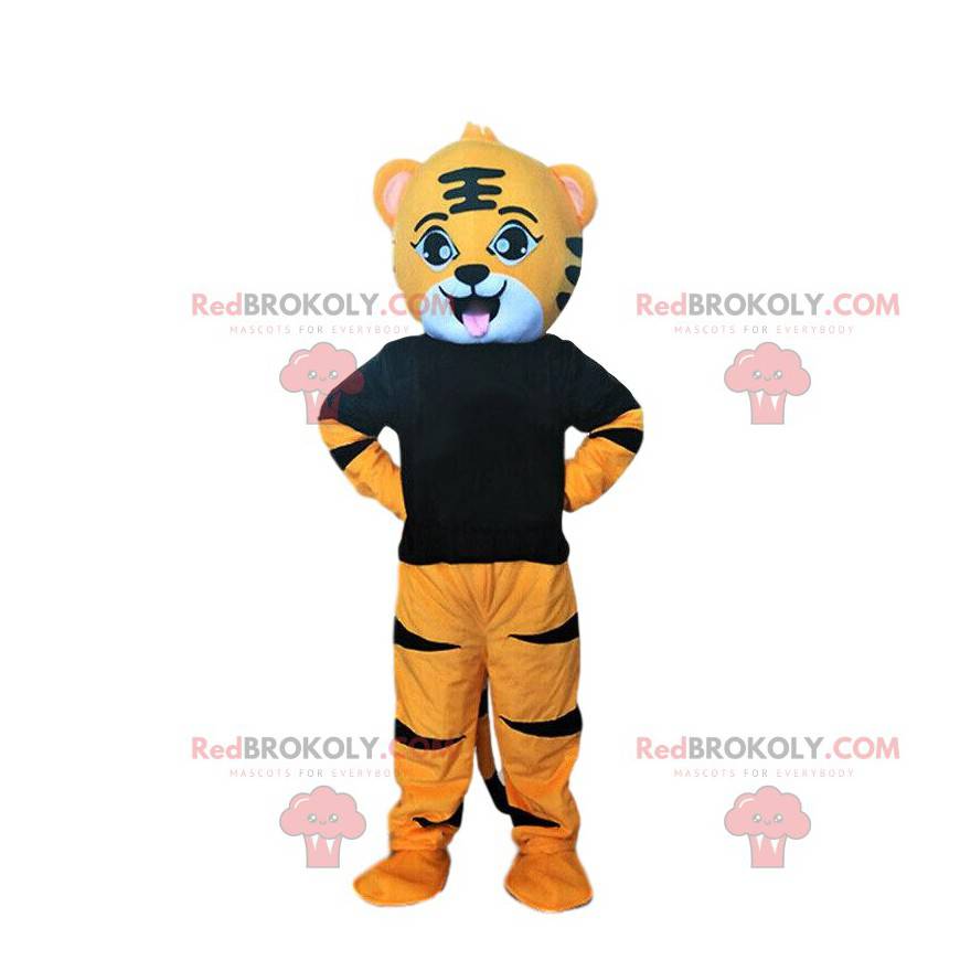 Oranje en zwarte tijger mascotte, katachtig kostuum -