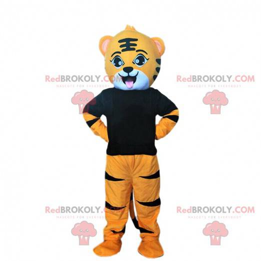 Mascotte giovane tigre arancione e nera, costume felino -