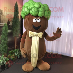 Brown Broccoli mascot costume character dressed with a Evening Gown and Tie pins