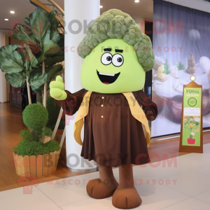 Brown Broccoli mascot costume character dressed with a Evening Gown and Tie pins