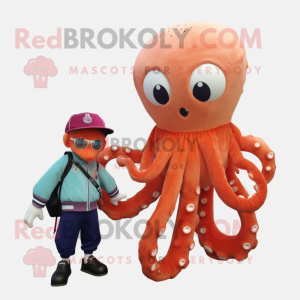 Peach Octopus mascot costume character dressed with a Bomber Jacket and Ties