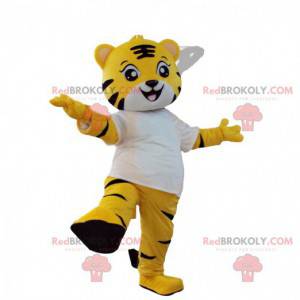 Maskot malý žlutý tygr, černý a bílý, kočičí kostým -