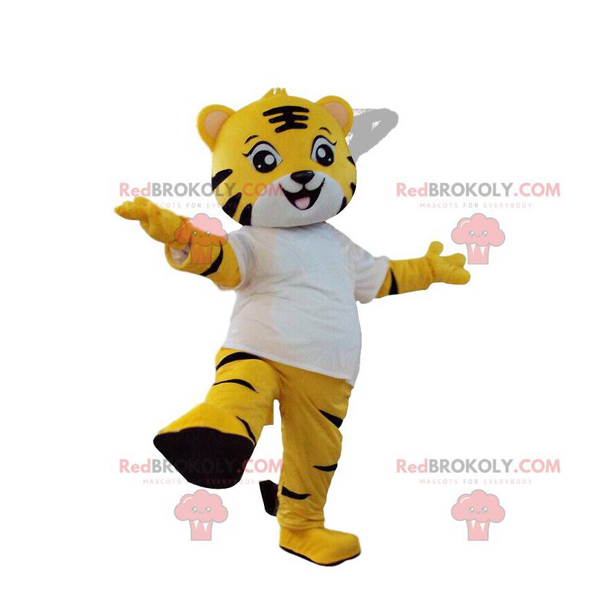 Mascot kleine gele tijger, zwart en wit, katachtig kostuum -