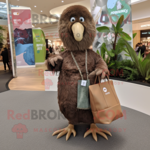 Brown Kiwi mascot costume character dressed with a Maxi Dress and Tote bags