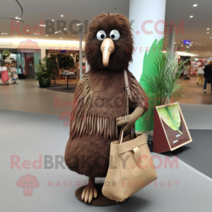 Brown Kiwi mascot costume character dressed with a Maxi Dress and Tote bags