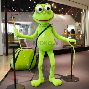 Lime Green Tightrope Walker mascot costume character dressed with a Joggers and Messenger bags